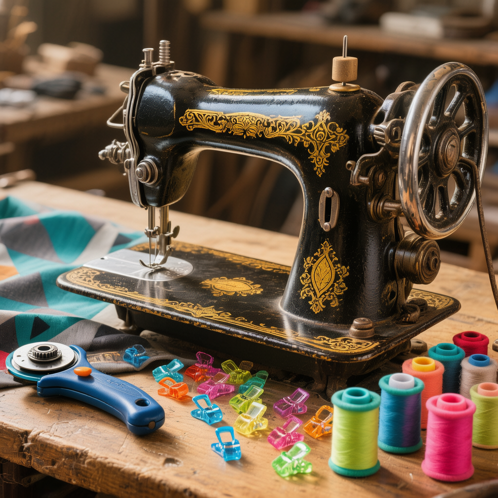 /Machine à coudre vintage et accessoires de couture moderne.png